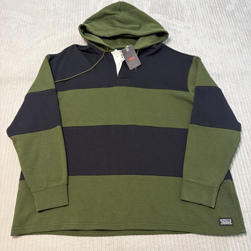 Levis Hoodie Mens 2XL Green Black Rugby Stipe Hooded Sweatshirt Casual Block